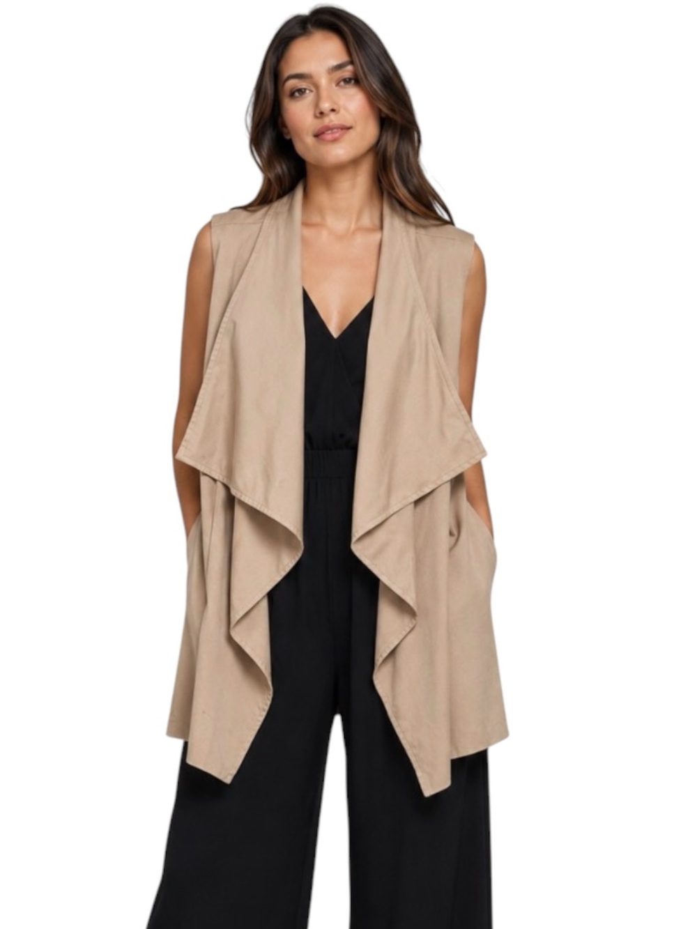 Kensie Longline Tan Brown Open Drape-Front Vest Size Large Boho Western